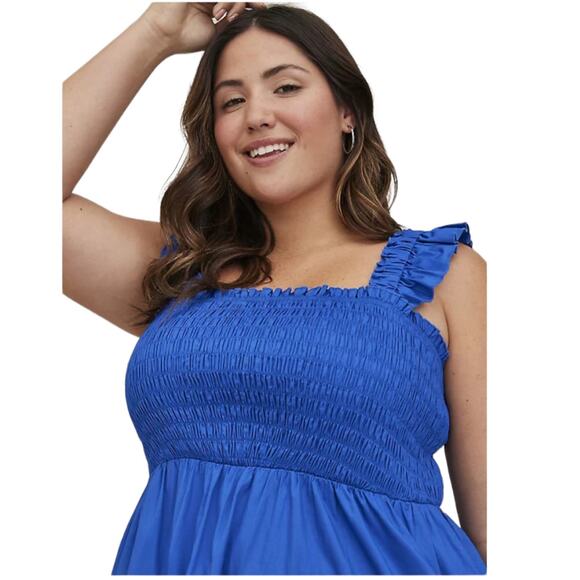 Torrid NWT Smocked Tiered Midi Dress Poplin Blue Size 2X Sleeveless Ruffle Strap - Picture 4 of 7